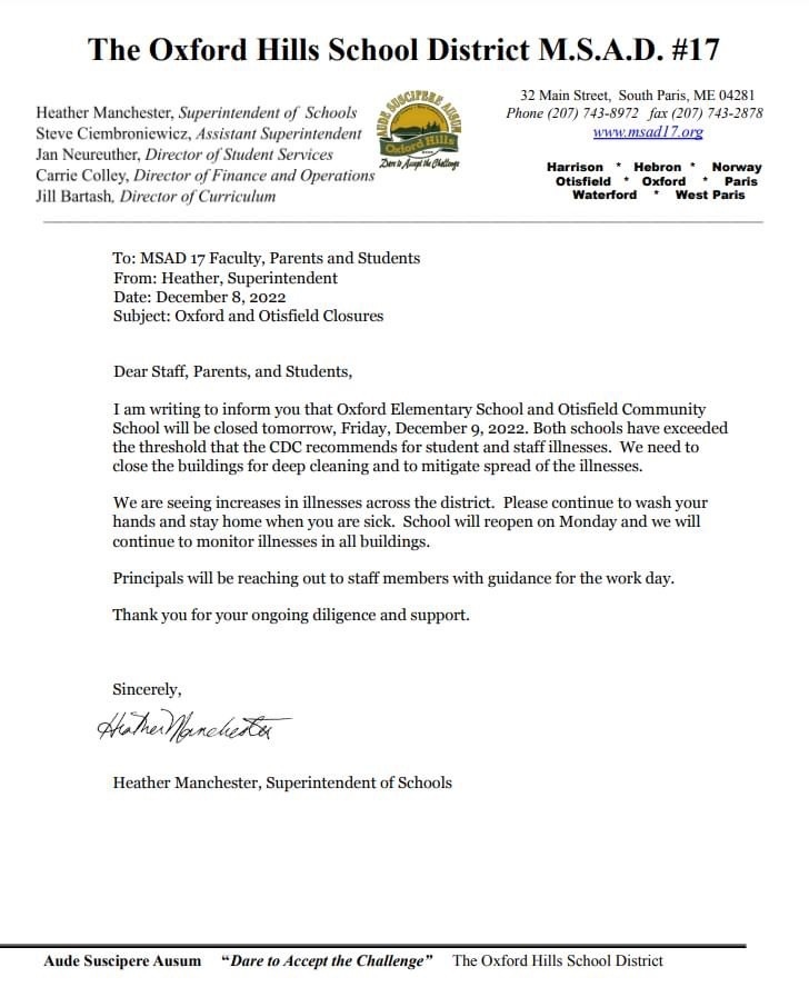 Letter sent to OES and OHCHS staff, students, and families.